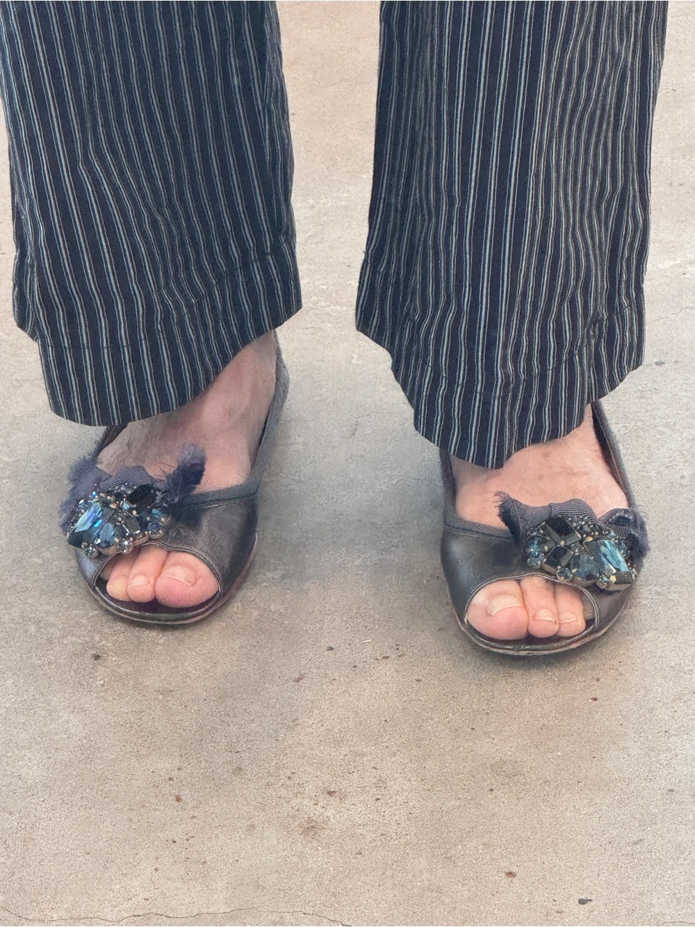 Miu Miu Navy Metallic Flat with Cut Out Toe and Crystals